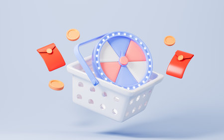 Spinning wheel with gifts, discount coupons, marketing discount promotion concept, 3d rendering. 3d illustration.の写真素材