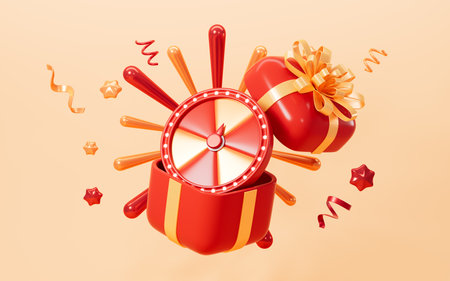 Spinning fortune wheel with gifts, gold coins, gold ingots and so on, Chinese style background, 3d rendering. 3d illustration.の写真素材