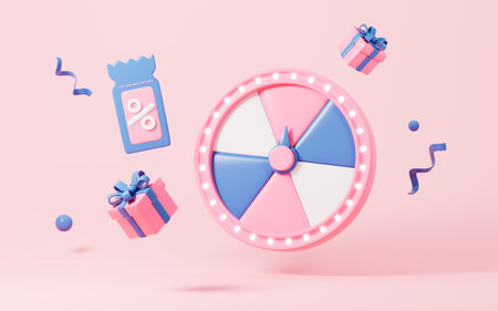 Spinning wheel with gifts, discount coupons, marketing discount promotion concept, 3d rendering. 3d illustration.の写真素材