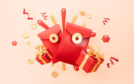 Red envelops with gifts, Chinese Spring Festival celebrating Lunar New Year, Happy Chinese New Year, 3d rendering. 3d illustration.の写真素材