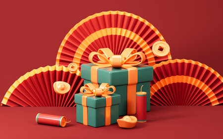 Gifts with folding fans, Chinese style background, Chinese Spring Festival elements theme, 3d rendering. 3d illustration.の写真素材