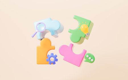 Jigsaw puzzle connecting, cooperation and teamwork, partnership and brainstorming, 3d rendering. 3d illustration.の写真素材