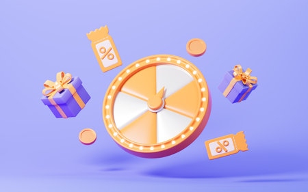 Spinning wheel with gifts, discount coupons, marketing discount promotion concept, 3d rendering. 3d illustration.の写真素材