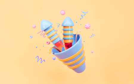 Cartoon firecracker and rocket with explosion confetti. Birthday surprise, holiday and event celebration, 3d rendering. 3d illustration.の写真素材