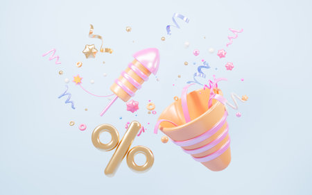 Discount design and gold ribbons and twinkles for congratulation, marketing discount background, 3d rendering. 3d illustration.の写真素材