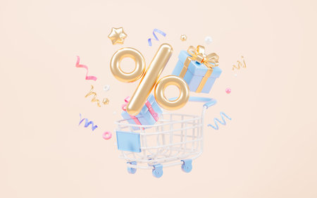 Discount design and gifts with shopping cart, gold ribbons and twinkles for congratulation, marketing discount background, 3d rendering. 3d illustration.の写真素材