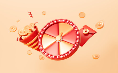 Spinning fortune wheel with red envelopes, gold coins, gold ingots and so on, Chinese style background, 3d rendering. 3d illustration.の写真素材
