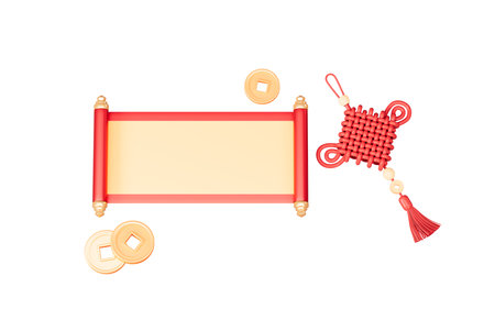 Empty Chinese style scroll, Chinese new year element, empty scroll template, happy new year, Spring Festival theme background, 3d rendering. 3d illustration.の写真素材
