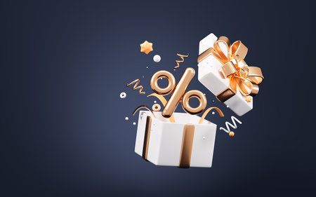 Discount design with opening gift box, gold ribbons and twinkles for congratulation, marketing discount background, 3d rendering. 3d illustration.の写真素材