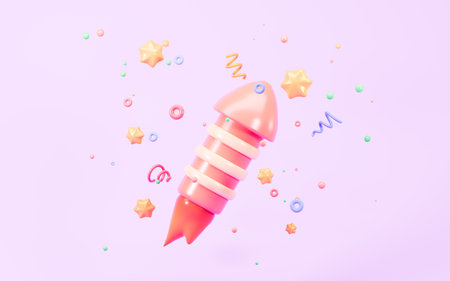 Cartoon firecracker and rocket with explosion confetti. Birthday surprise, holiday and event celebration, 3d rendering. 3d illustration.の写真素材