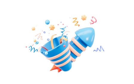 Cartoon firecracker and rocket with explosion confetti. Birthday surprise, holiday and event celebration, 3d rendering. 3d illustration.の写真素材