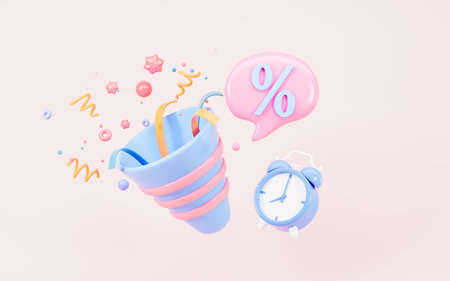 Cartoon firecracker and ribbons with explosion confetti. Birthday surprise, holiday and event celebration, 3d rendering. 3d illustration.の写真素材