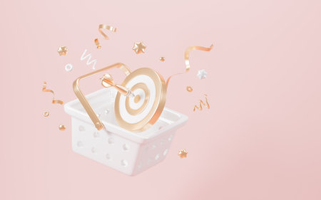 Gold target and shopping basket, gold ribbons, creative gift, promotion and retail, online shopping concept, 3d rendering. 3d illustration.の写真素材