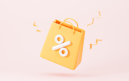 Yellow shopping bag with discount percent sign in the yellow background, marketing discount promotion concept, 3d rendering. 3d illustration.の写真素材