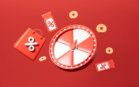Spinning wheel with gifts, discount coupons, marketing discount promotion concept, 3d rendering. 3d illustration.の写真素材