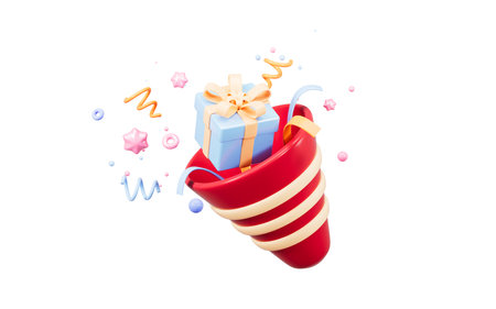 Cartoon firecracker and ribbons with explosion confetti. Birthday surprise, holiday and event celebration, 3d rendering. 3d illustration.の写真素材