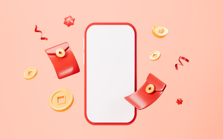Red envelopes and mobile phone, coupons and vouchers, marketing discount background, 3d rendering. 3d illustration.の写真素材