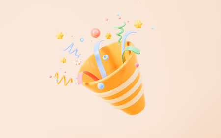 Cartoon firecracker and ribbons with explosion confetti. Birthday surprise, holiday and event celebration, 3d rendering. 3d illustration.の写真素材