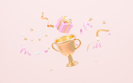 Golden trophy with floating gift, floating gold ribbons, celebration, winner, champion and reward concept, 3d rendering. 3d illustration.の写真素材