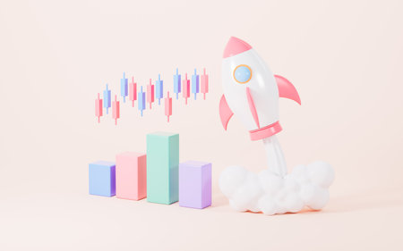 Bar graph and growth lines, growth rocket, business development concept, financial growth, 3d rendering. 3d illustration.の写真素材