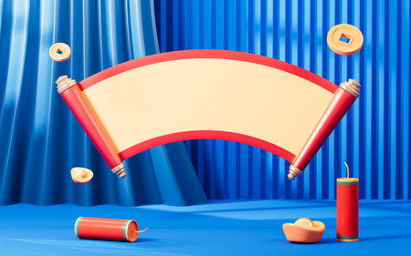 Chinese style background with empty ancient scroll, Spring Festival theme elements, 3d rendering. 3d illustration.の写真素材