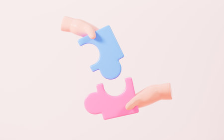 Jigsaw puzzle connecting, cooperation and teamwork, partnership and brainstorming, 3d rendering. 3d...