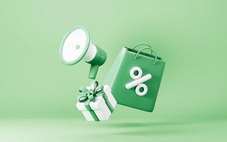 Shopping bag with discount percent sign, loudspeaker and gifts, marketing discount promotion concept, 3d rendering. 3d illustration.の写真素材