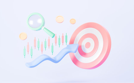 Stock chart and growth arrow hit the center of the target, business target achievement concept, 3d rendering. 3d illustration.の写真素材