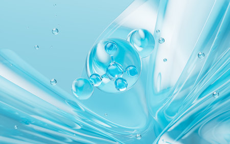 Cyan glass spheres, abstract molecules with glass background, 3d rendering. 3d illustration.の写真素材