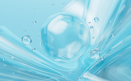 Abstract blue glass spheres, blue cells and molecules with glass background, 3d rendering. 3d illustration.の写真素材