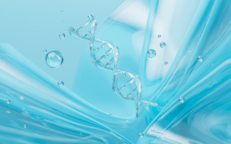 Abstract cyan cells and DNA with glass background, 3d rendering. 3d illustration.の写真素材