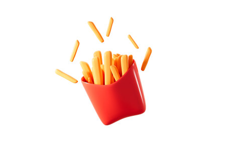 French fries in red paper bucket isolated on white background, 3d rendering. 3d illustration.の写真素材