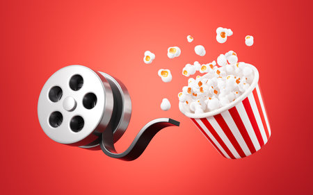 Cartoon film reel and popcorn on the red background, 3d rendering. 3d illustration.の写真素材