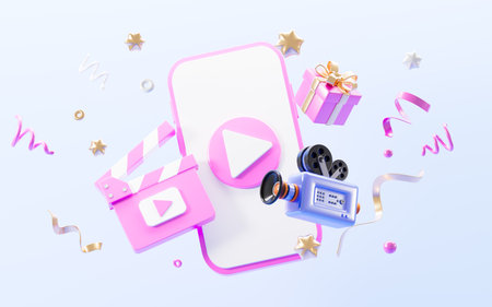 Cartoon clapper board, gift, camera and cellphone on blue background, online movie, live video streaming concept, 3d rendering. 3d illustration.の写真素材