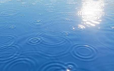 Blue water and raindrops, water surface background, 3d rendering. 3d illustration.の写真素材
