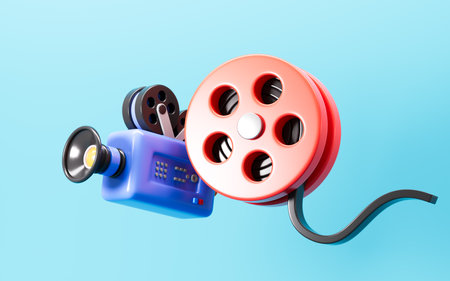 Cartoon film camera and film reel on green background, 3d rendering. 3d illustration.の写真素材