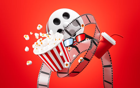 Splashing popcorn, film reel, drink, 3d glasses on red background, online movie concept, 3d rendering. 3d illustration.の写真素材