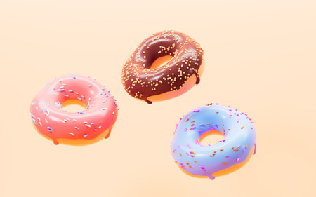 Cartoon doughnuts on yellow background, 3d rendering. 3d illustration.の写真素材