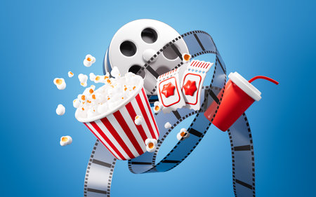 Splashing popcorn, film reel, drink, film tickets on blue background, online movie concept, 3d rendering. 3d illustration.の写真素材