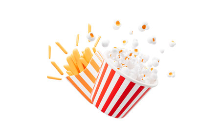 Cartoon popcorn and french fries on the white background, 3d rendering. 3d illustration.の写真素材