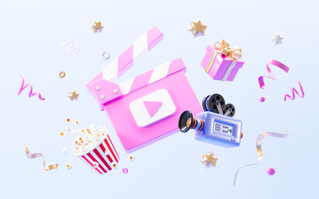 Cartoon clapper board, video camera, popcorn and gift on purple background, 3d rendering. 3d illustration.の写真素材