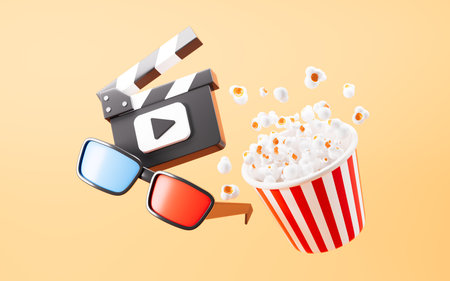 Cartoon clapper board, popcorn and 3d glasses on the yellow background, concept of online movie viewing, 3d rendering. 3d illustration.の写真素材