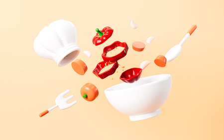 Cartoon chef cap, fork, spoon, bowl and splashing red peppers, chopped carrots on the yellow background, 3d rendering. 3d illustration.の写真素材