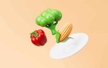 Cartoon broccoli, red pepper and corn on the yellow background, 3d rendering. 3d illustration.の写真素材