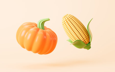Cartoon pumpkin and corn on the yellow background, 3d rendering. 3d illustration.の写真素材