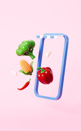 Fresh vegetables and fruits shopping online, online grocery shopping and online order, 3d rendering. 3d illustration.の写真素材