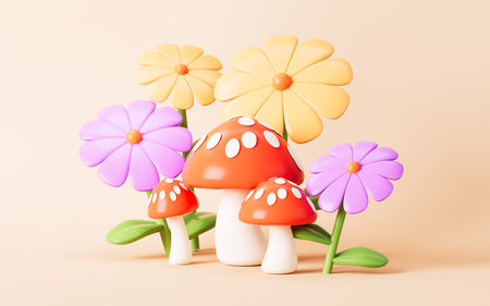 Cartoon cute mushroom and wildflower on the yellow background, 3d rendering. 3d illustration.の写真素材