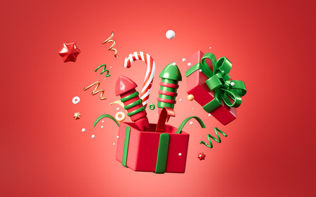 Cartoon Christmas gift, Christmas, Christmas candies on the red background, 3d rendering. 3d illustration.の写真素材