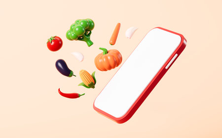 Fresh vegetables and fruits shopping online, online grocery shopping and online order, 3d rendering. 3d illustration.の写真素材