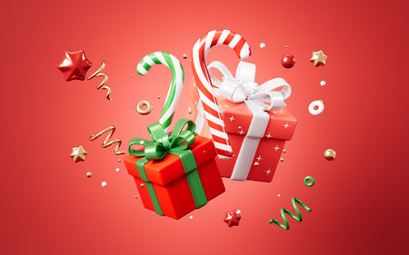 Cartoon Christmas gift, Christmas, Christmas candies on the red background, 3d rendering. 3d illustration.の写真素材